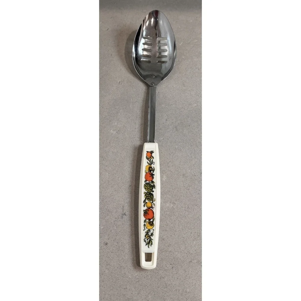 Vintage Ekco Slotted Serving Spoon Vegetable Design Handle Mushrooms MCM 12.25